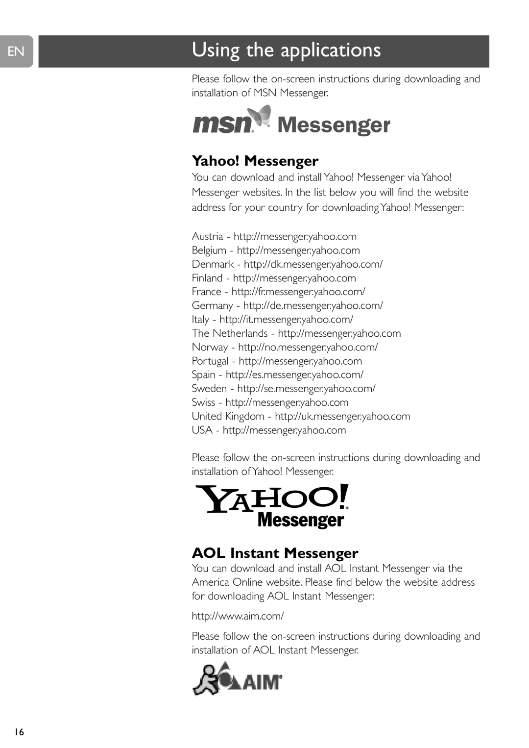 Philips SPC610NC/37 user manual Yahoo! Messenger, AOL Instant Messenger 