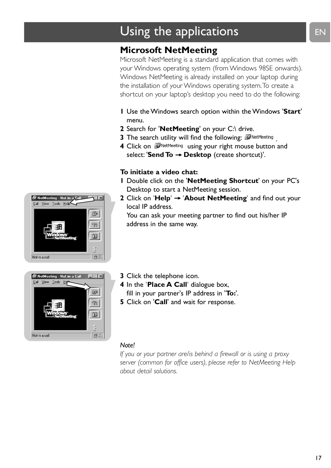 Philips SPC610NC/37 user manual Microsoft NetMeeting, To initiate a video chat, Click on Call and wait for response 