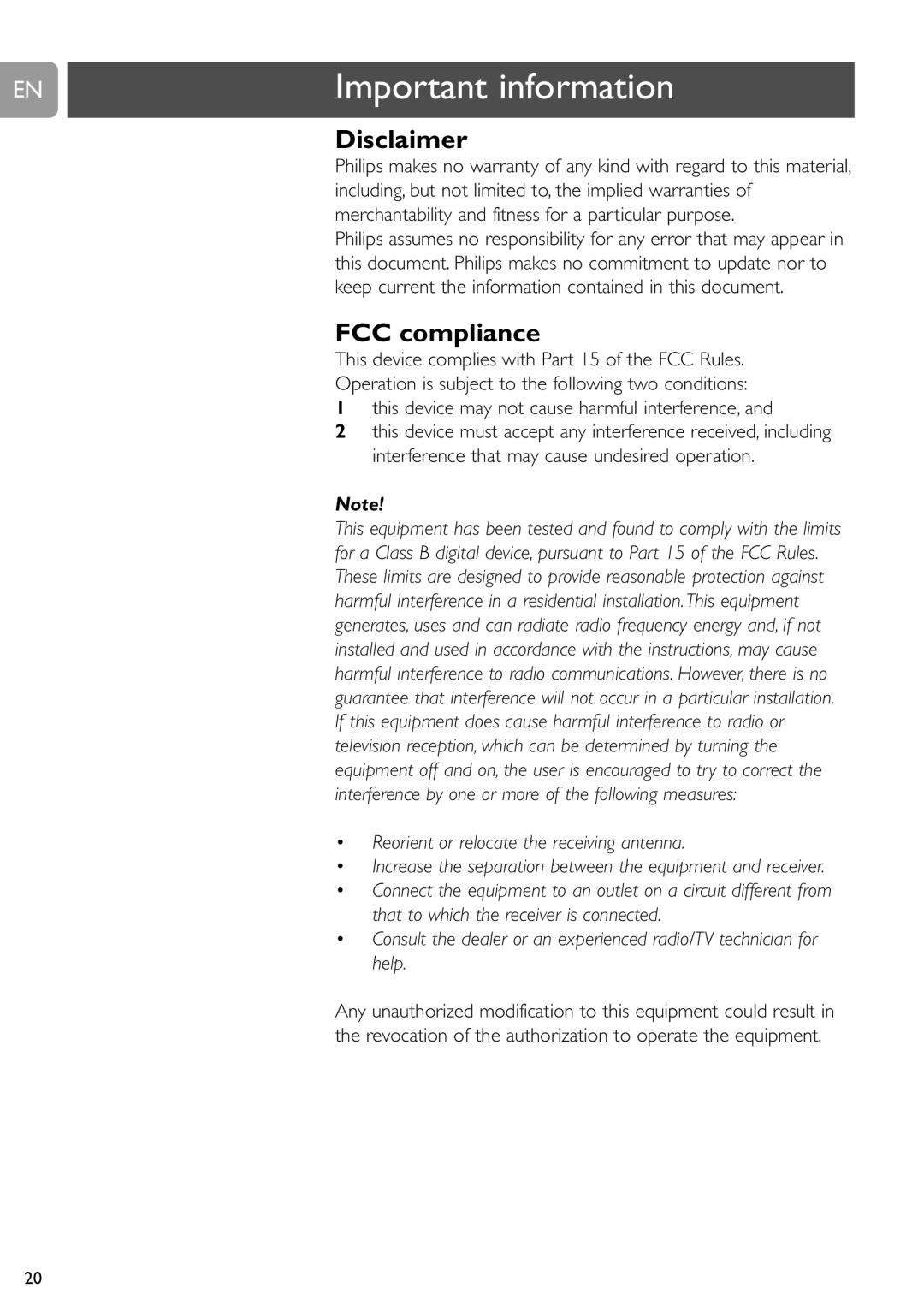 Philips SPC610NC/37 user manual Important information, Disclaimer, FCC compliance 