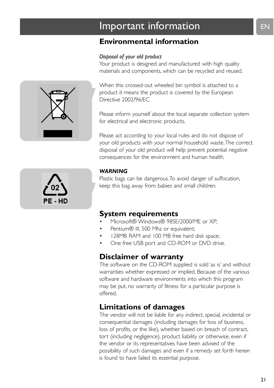 Philips SPC610NC/37 Environmental information, System requirements, Disclaimer of warranty, Limitations of damages 