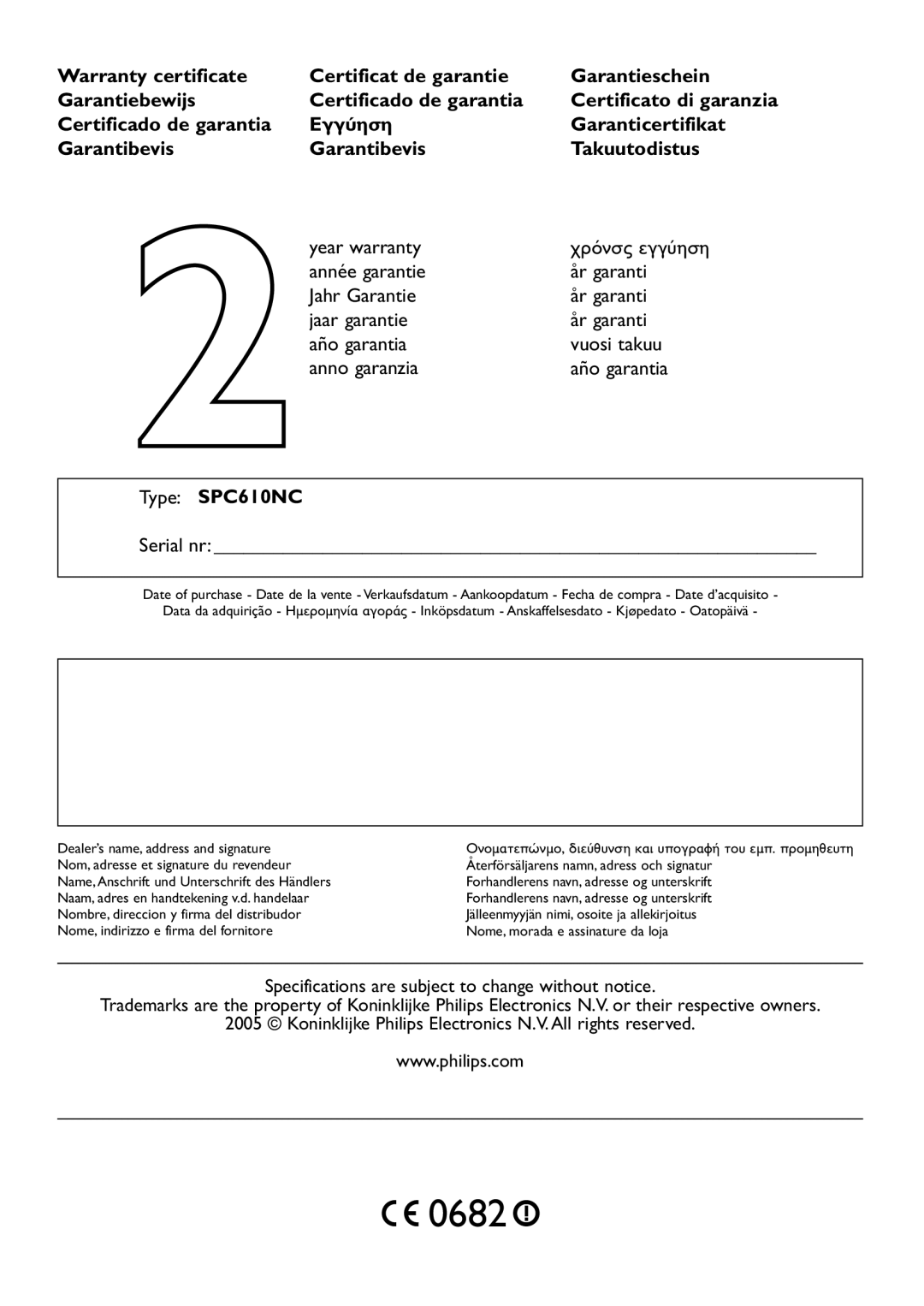 Philips SPC610NC/37 user manual Anno garanzia, Type SPC610NC, Serial nr 