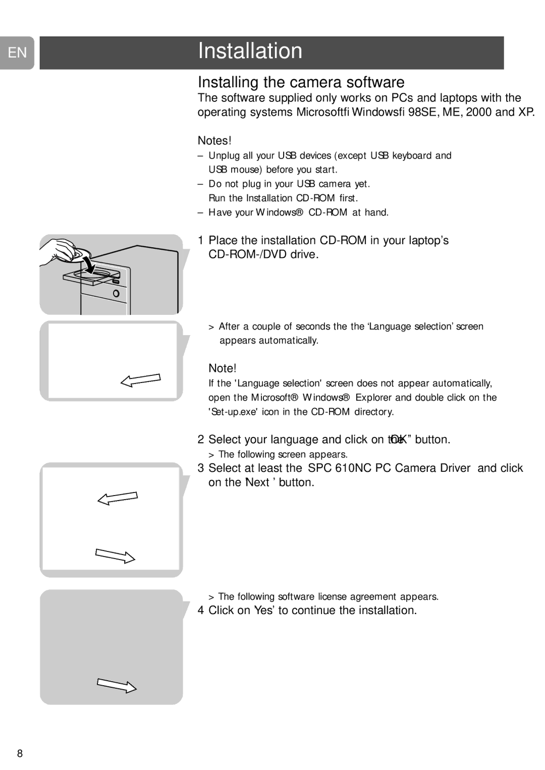 Philips SPC610NC/37 user manual ENInstallation, Installing the camera software 