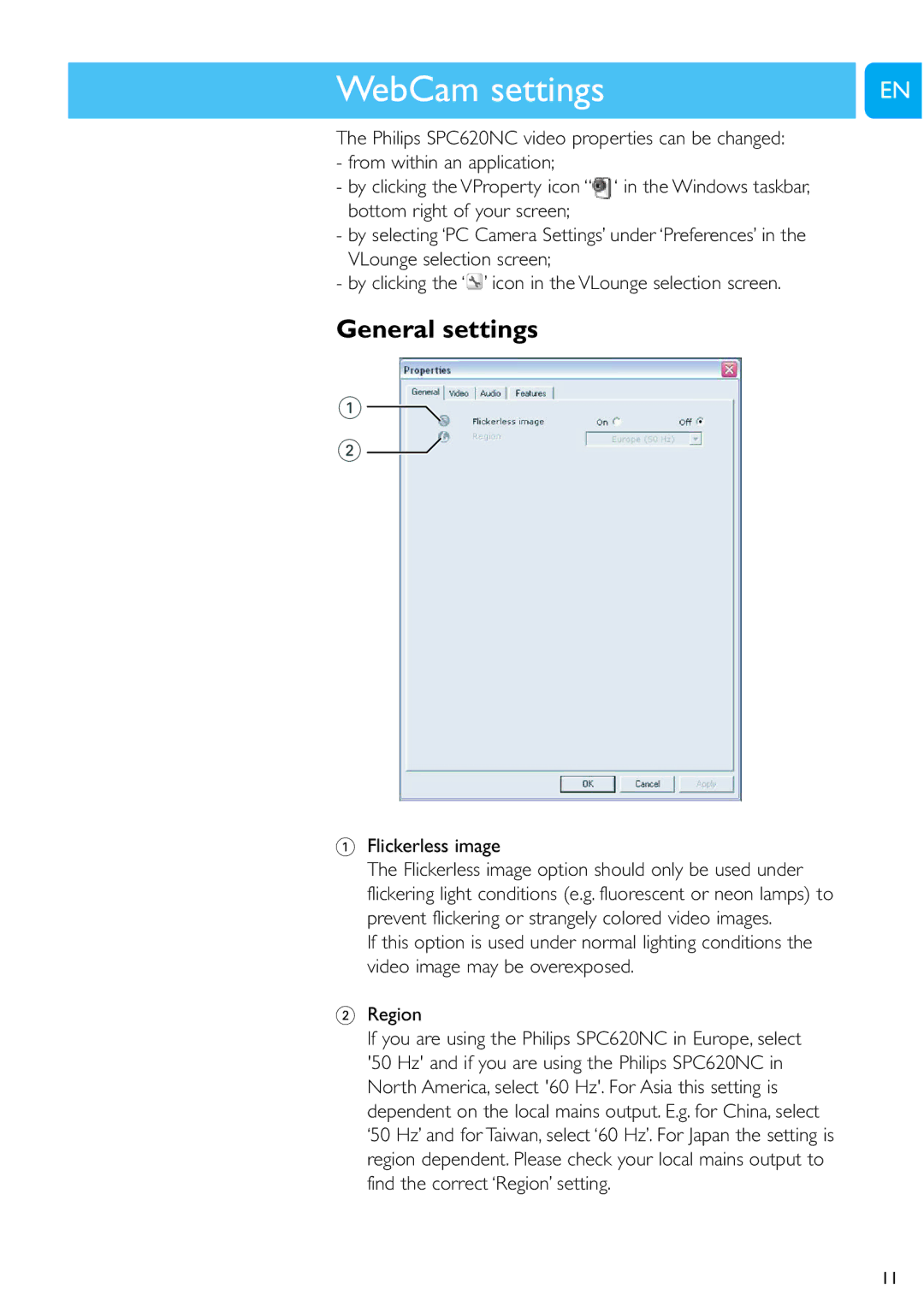 Philips SPC620NC user manual WebCamChapter settings, General settings, Flickerless image 