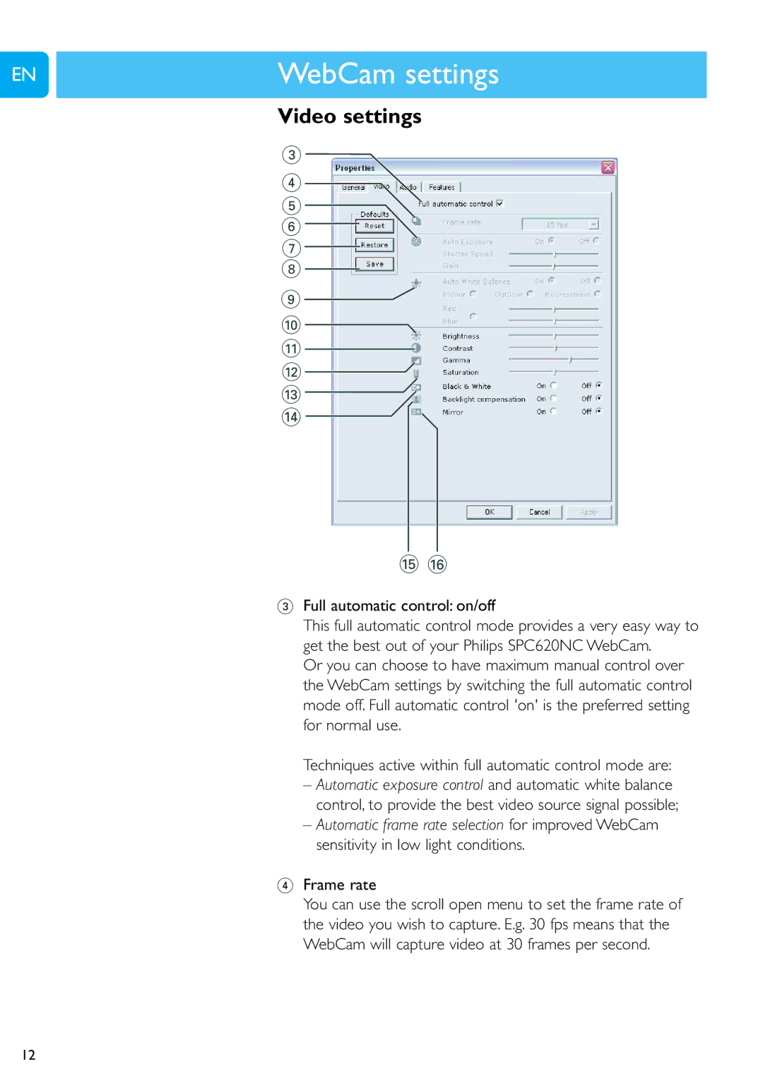 Philips SPC620NC user manual ENWebCamChapter settings, Video settings, Full automatic control on/off, Frame rate 