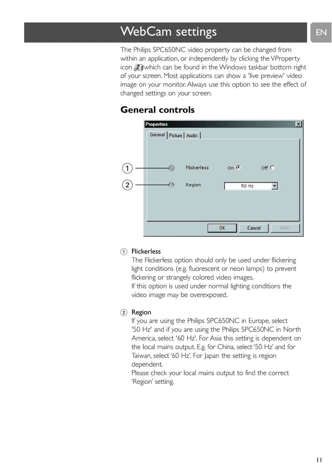 Philips SPC650NC user manual WebCam settings, General controls, Flickerless 