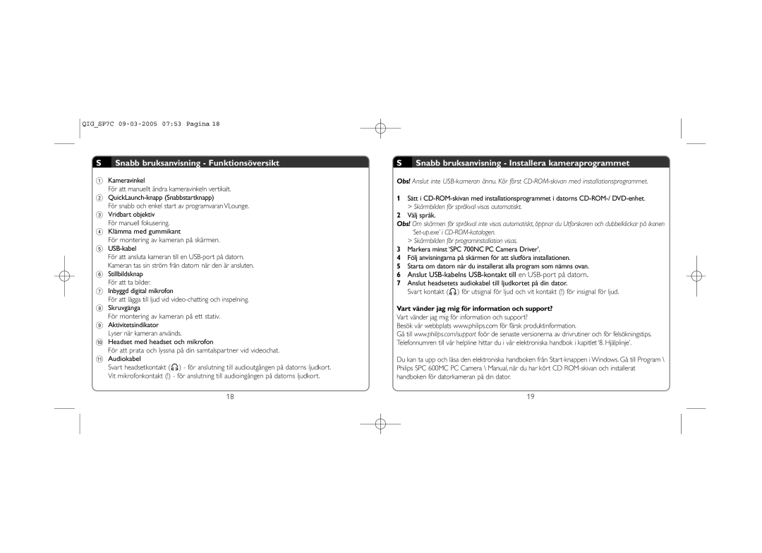 Philips SPC700NC/00 manual Snabb bruksanvisning Funktionsöversikt, Snabb bruksanvisning Installera kameraprogrammet 