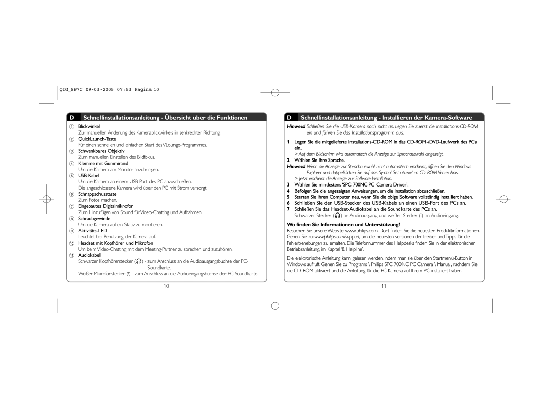 Philips SPC700NC/00 manual Schnellinstallationsanleitung Übersicht über die Funktionen, Wählen Sie Ihre Sprache 