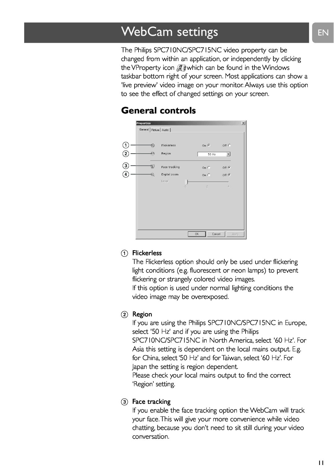Philips SPC715NC, SPC710NC user manual WebCam settings, General controls 
