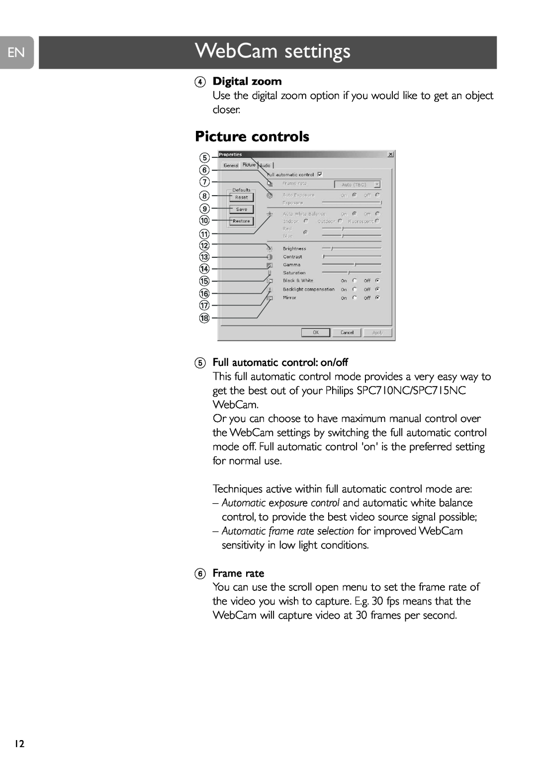 Philips SPC710NC, SPC715NC user manual Picture controls, WebCam settings, Digital zoom 