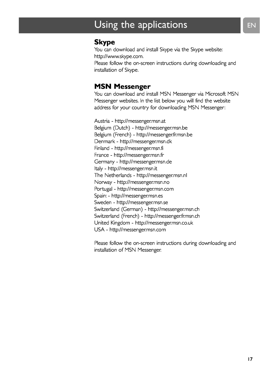 Philips SPC715NC, SPC710NC user manual Skype, MSN Messenger, Using the applications 