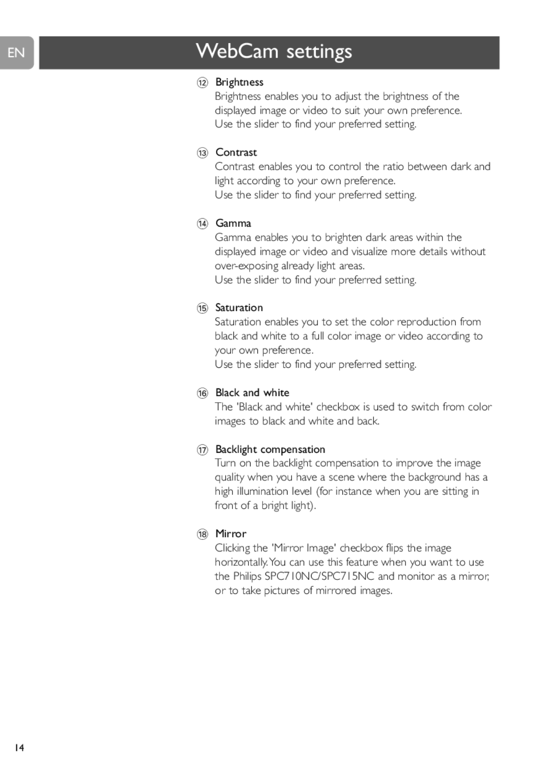 Philips SPC710NC, SPC715NC user manual @ Brightness, Mirror 