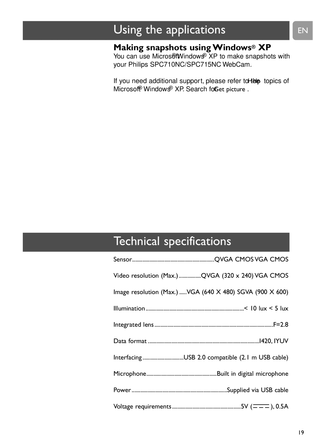 Philips SPC715NC, SPC710NC user manual Technical specifications, Making snapshots using Windows XP 