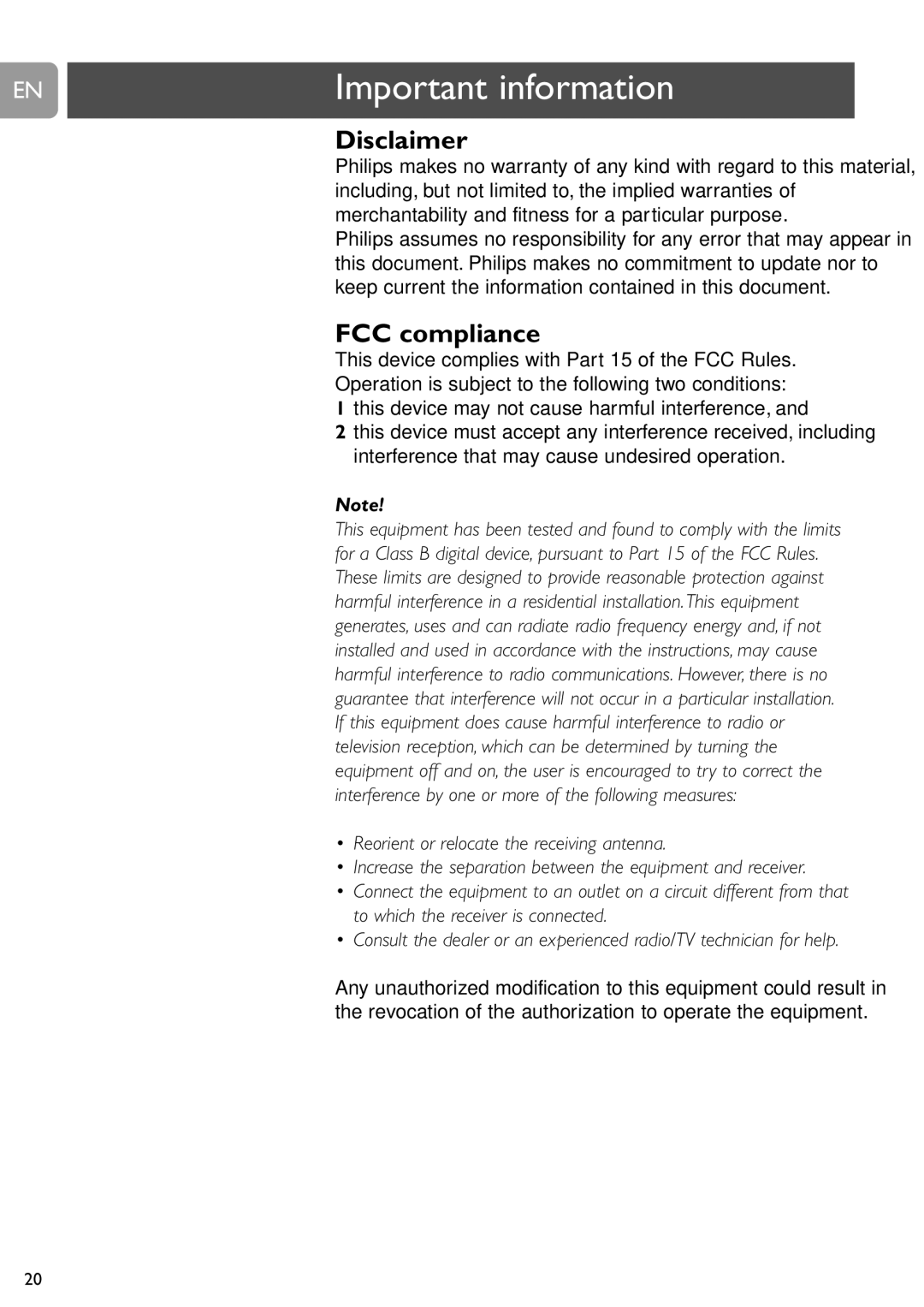 Philips SPC710NC, SPC715NC user manual Important information, Disclaimer, FCC compliance 