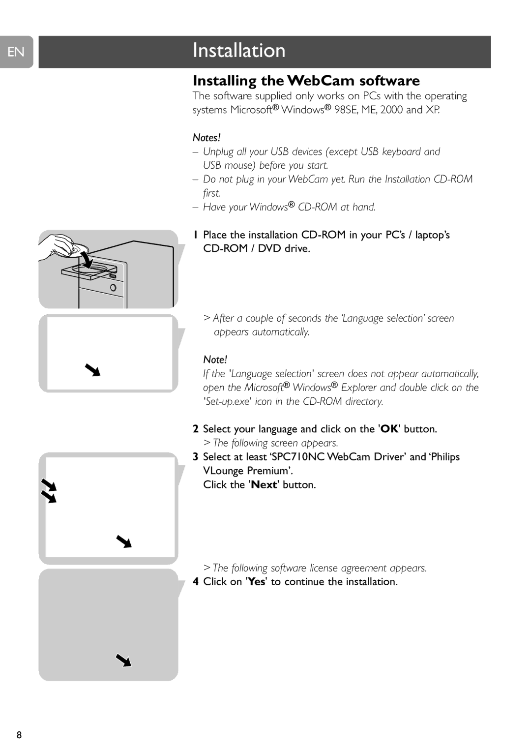 Philips SPC710NC, SPC715NC user manual ENInstallation, Installing the WebCam software 