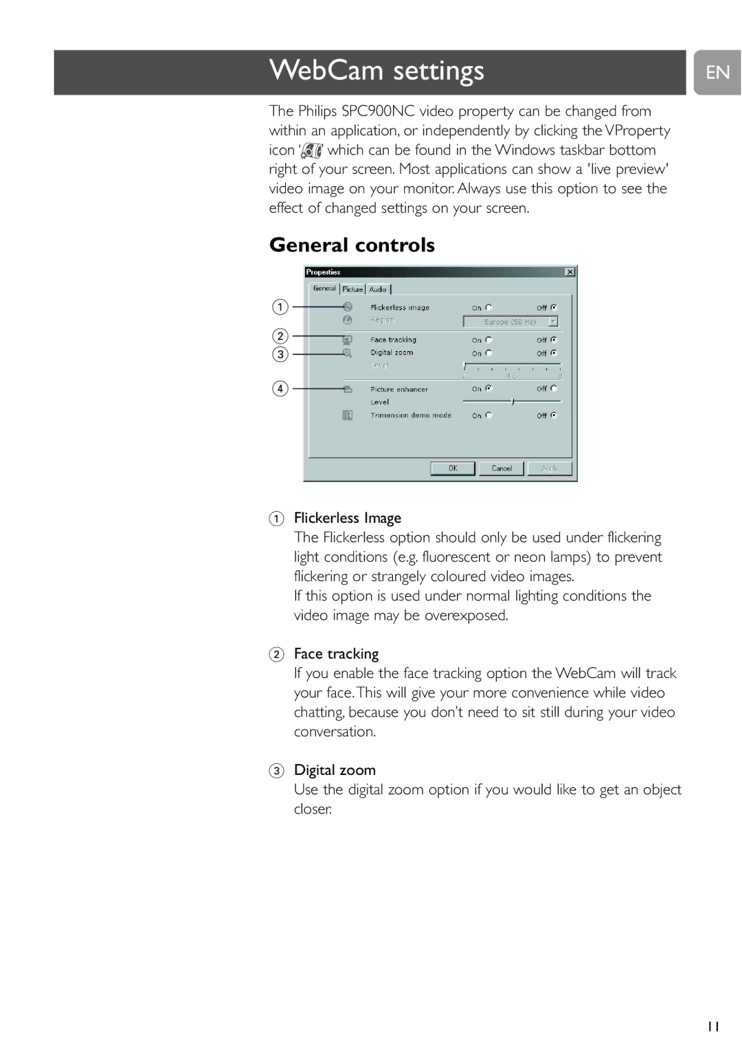 Philips SPC900NC user manual WebCam settings, General controls, Flickerless Image 