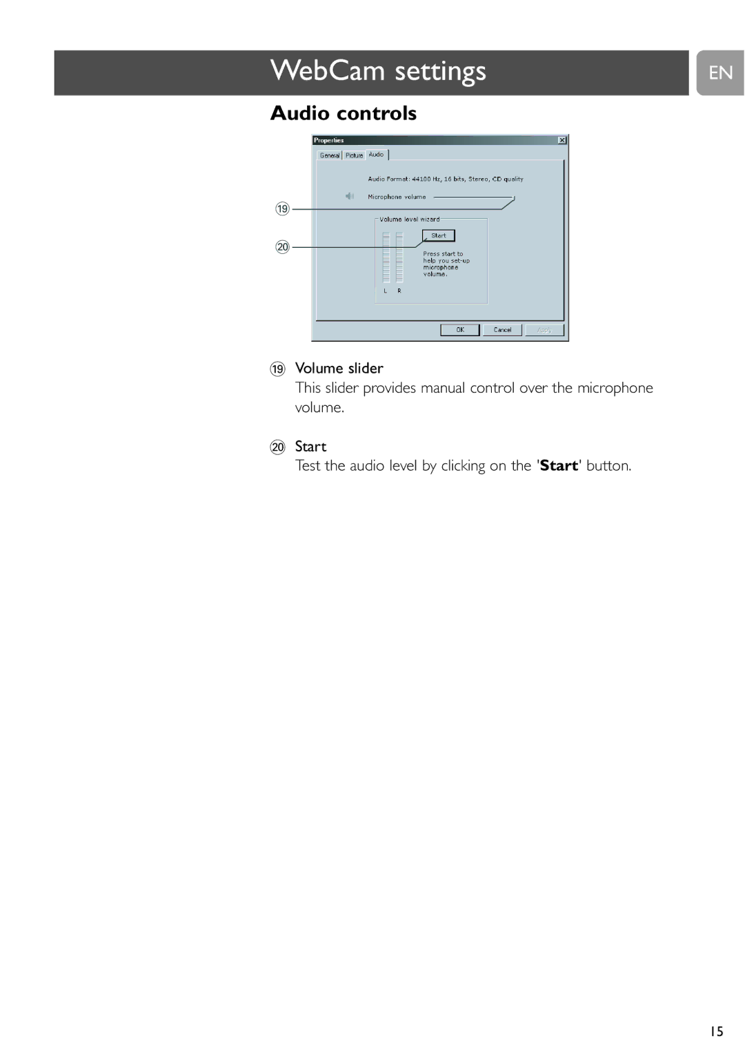 Philips SPC900NC user manual Audio controls 