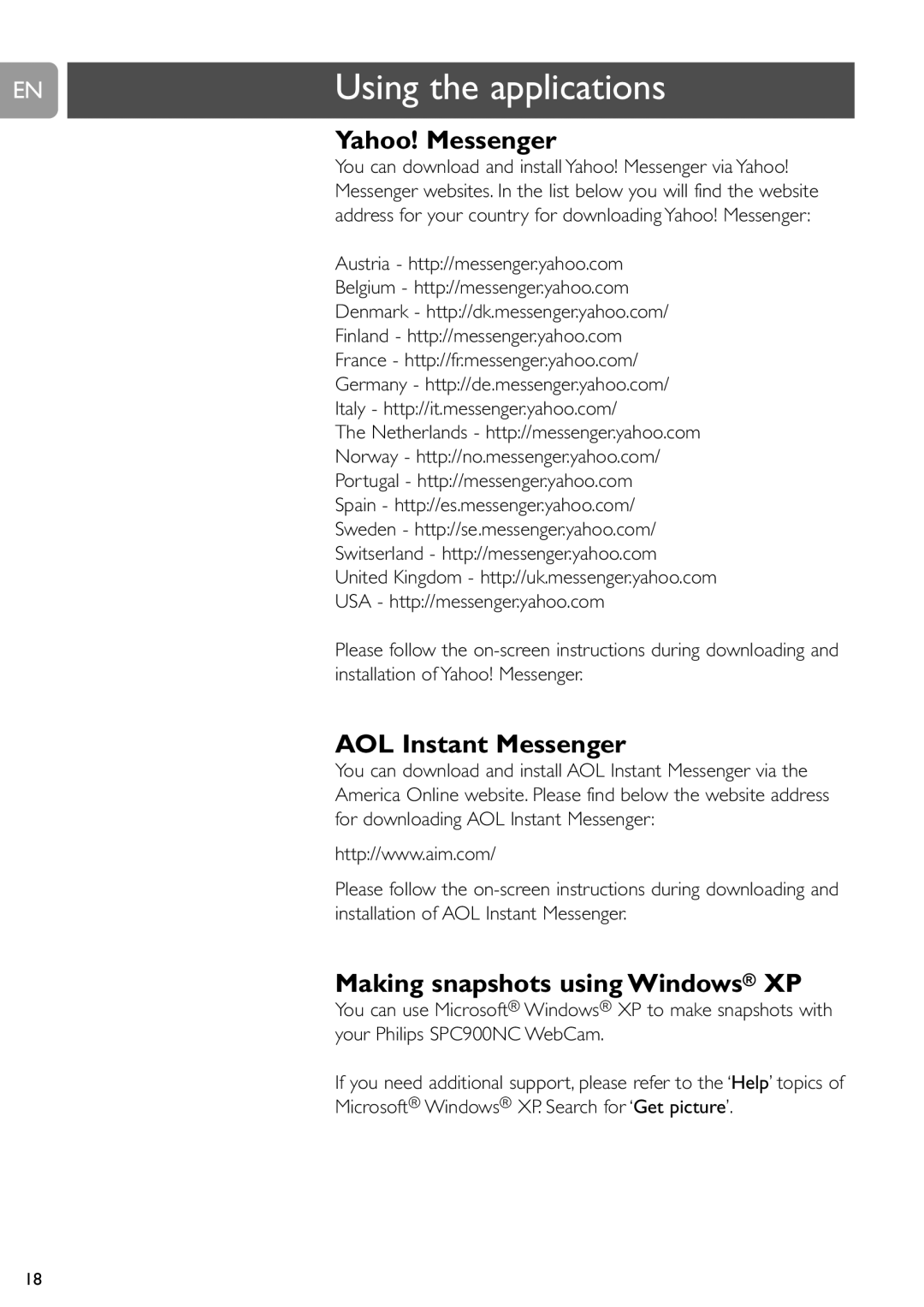 Philips SPC900NC user manual Yahoo! Messenger, AOL Instant Messenger, Making snapshots using Windows XP 