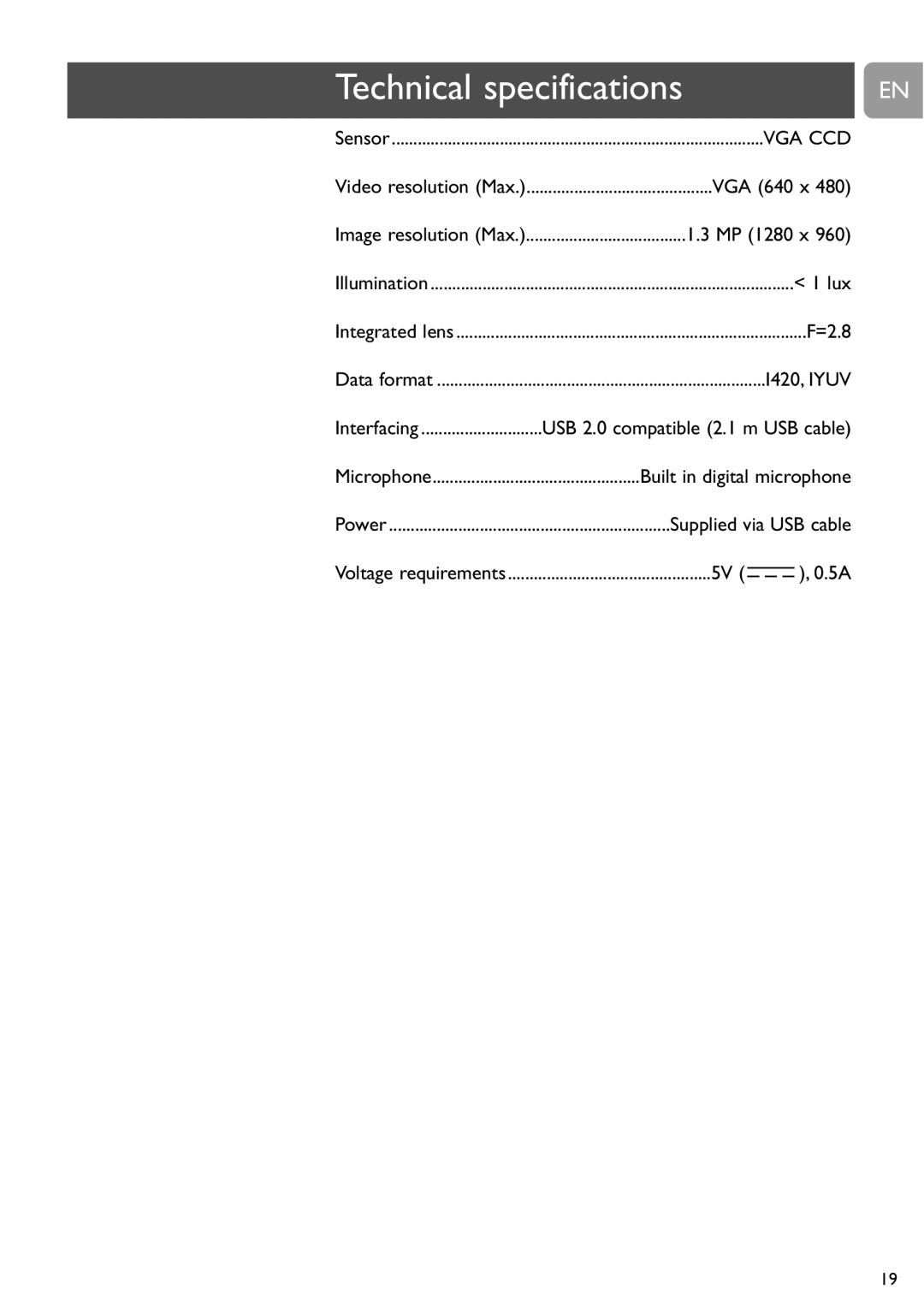 Philips SPC900NC user manual Technical specifications 