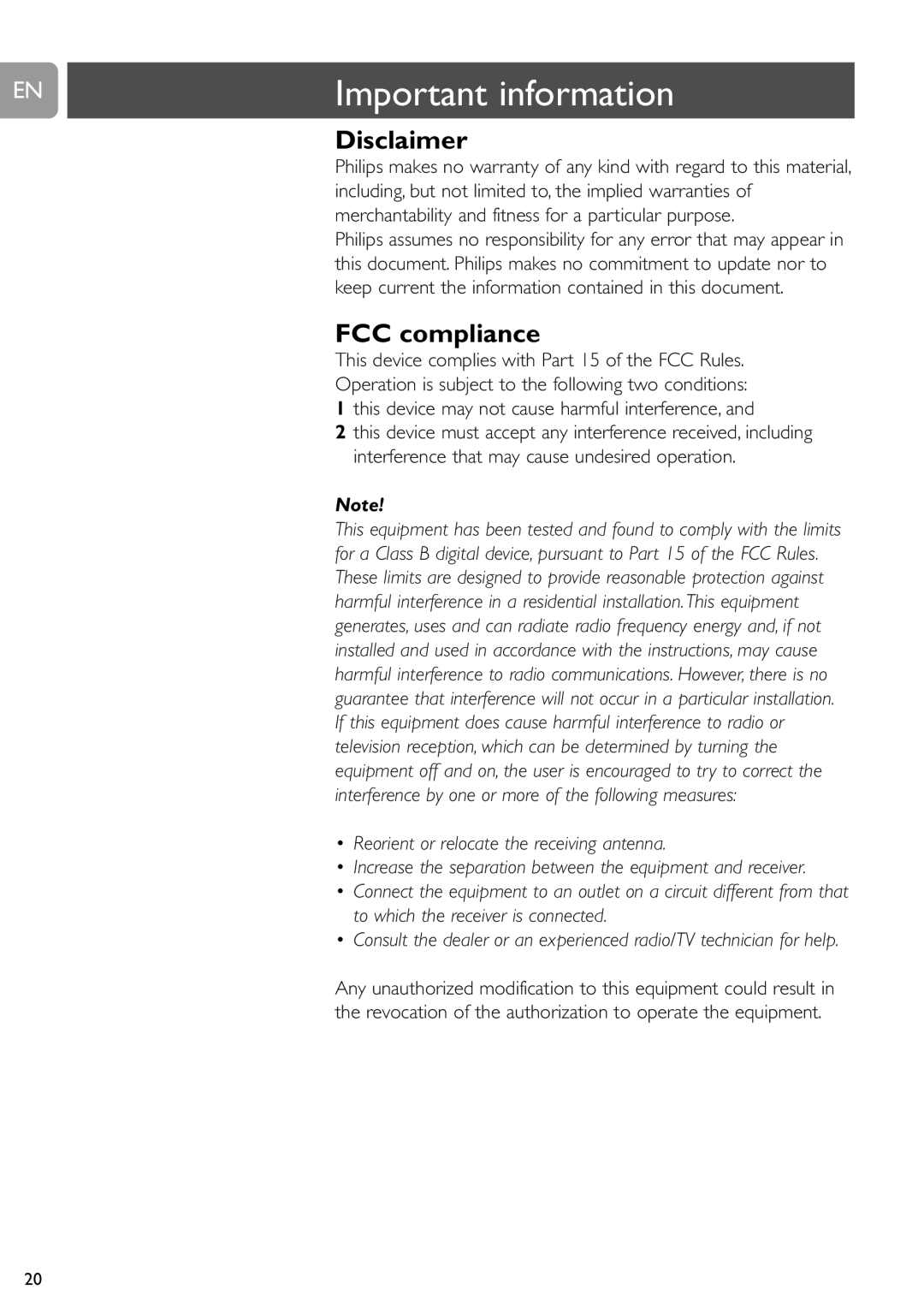 Philips SPC900NC user manual Important information, Disclaimer, FCC compliance 