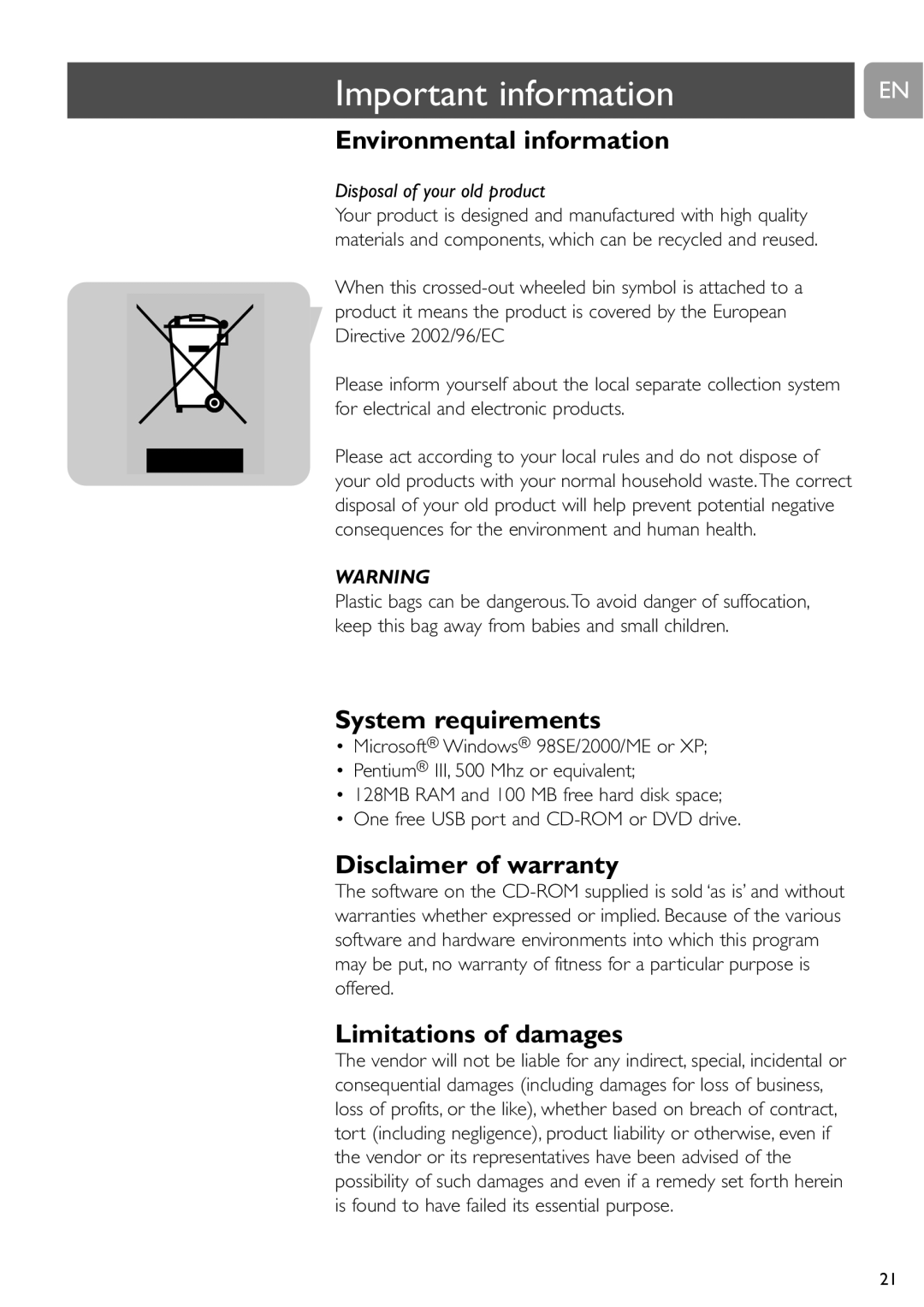 Philips SPC900NC user manual Environmental information, System requirements, Disclaimer of warranty, Limitations of damages 