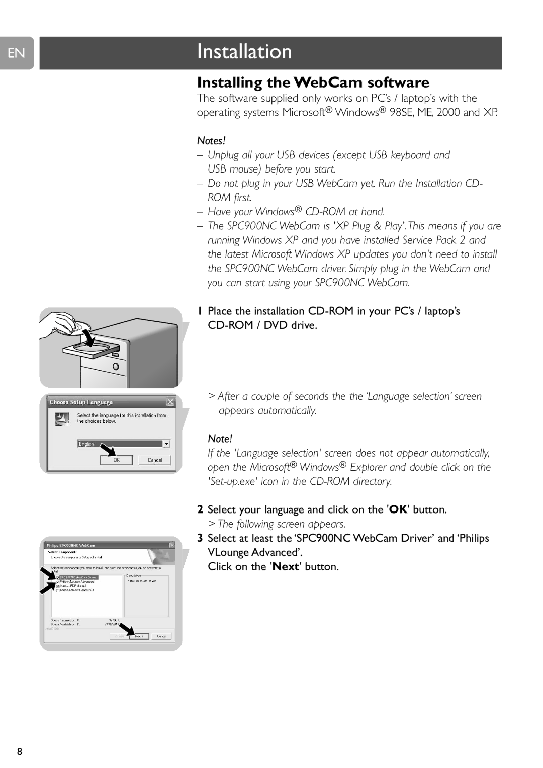 Philips SPC900NC user manual ENInstallation, Installing the WebCam software 