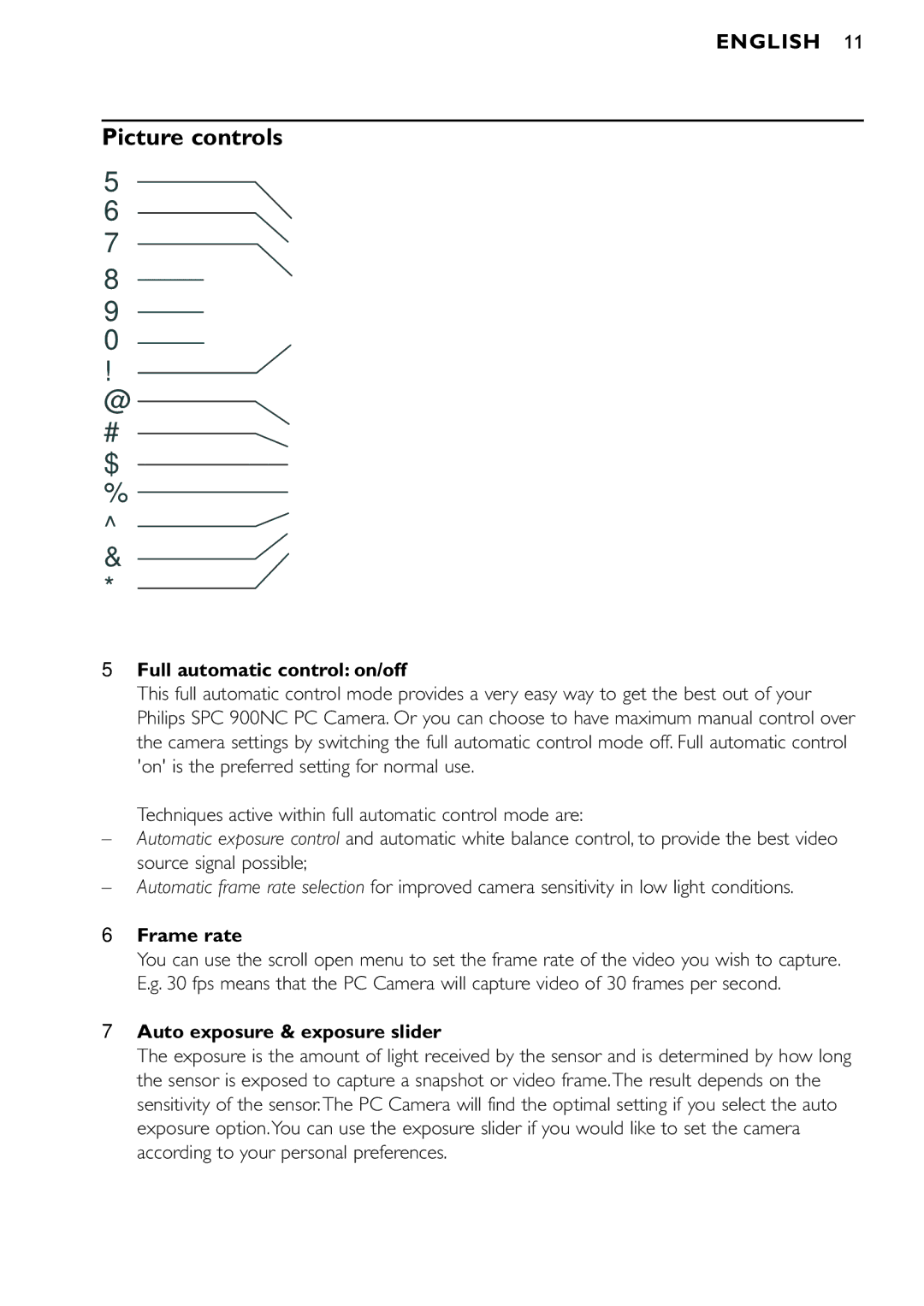 Philips SPC900NC/00 manual Picture controls, Full automatic control on/off, Frame rate, Auto exposure & exposure slider 