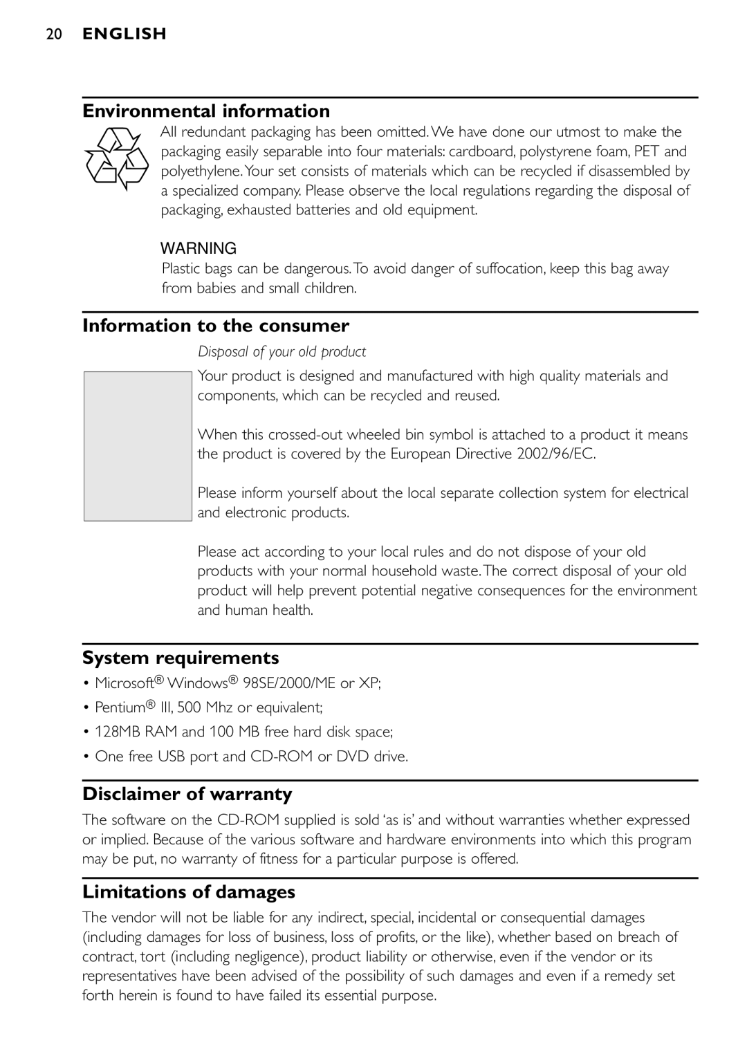 Philips SPC900NC/00 Environmental information, Information to the consumer, System requirements, Disclaimer of warranty 