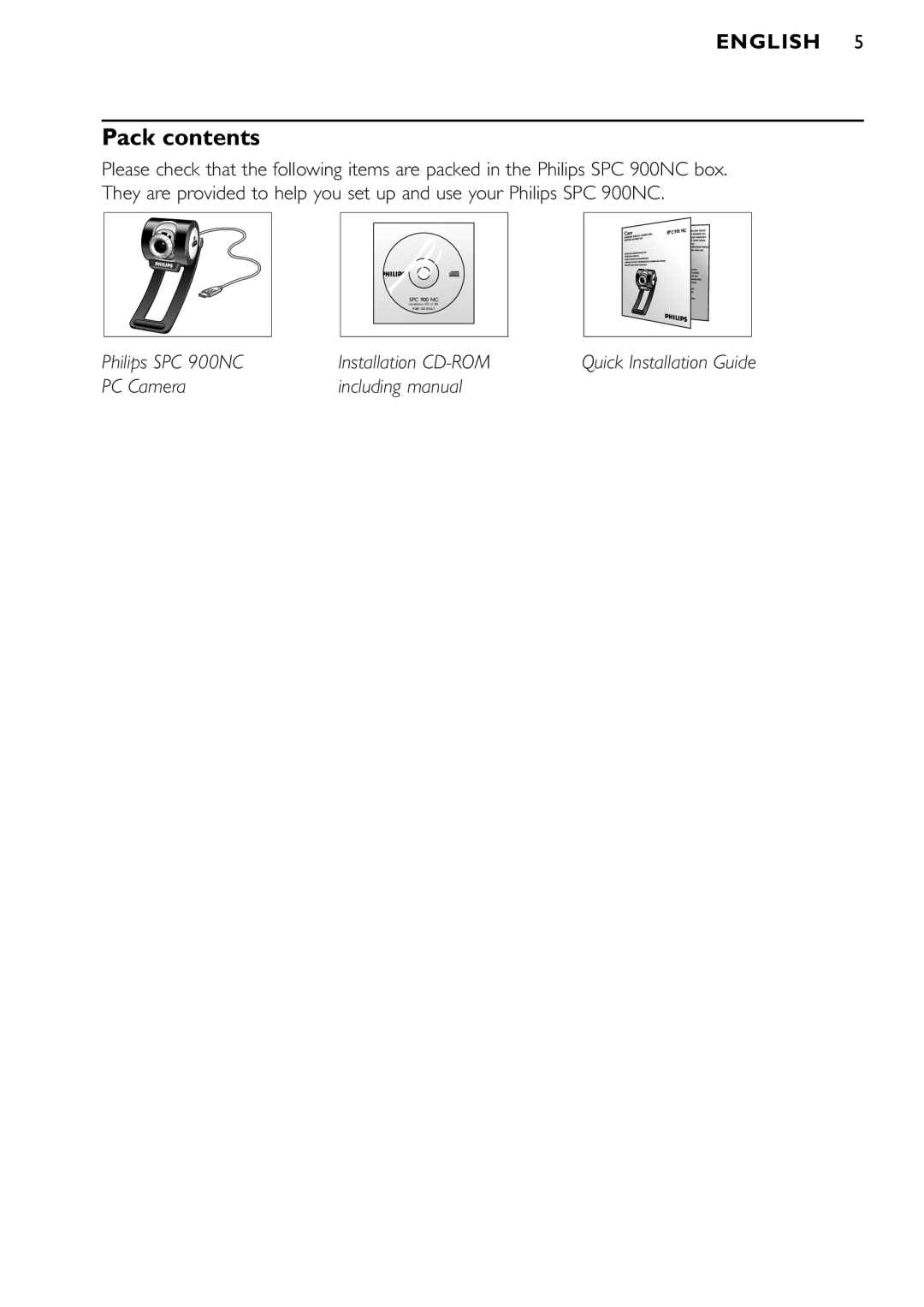 Philips SPC900NC/00 manual Pack contents 