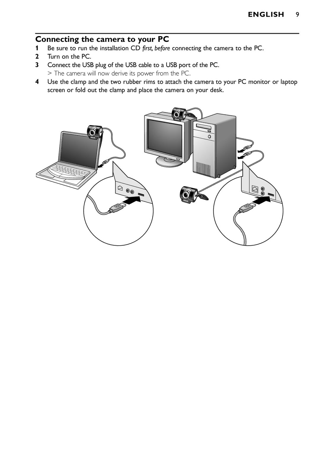 Philips SPC900NC/00 manual Connecting the camera to your PC 