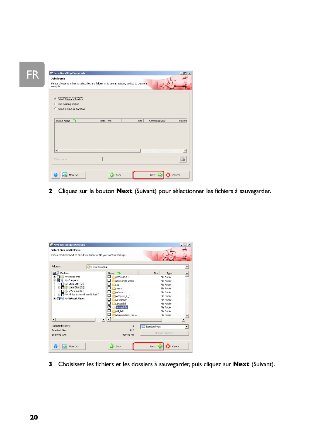 Philips SPD5125, SPD5130, SPD5121 user manual Cliquez sur le bouton Next Suivant pour sélectionner les fichiers à sauvegarder 