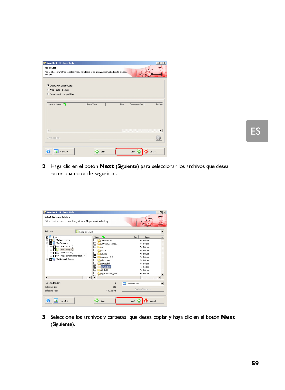 Philips SPD5125 Haga clic en el botón Next Siguiente para seleccionar los archivos que desea hacer una copia de seguridad 