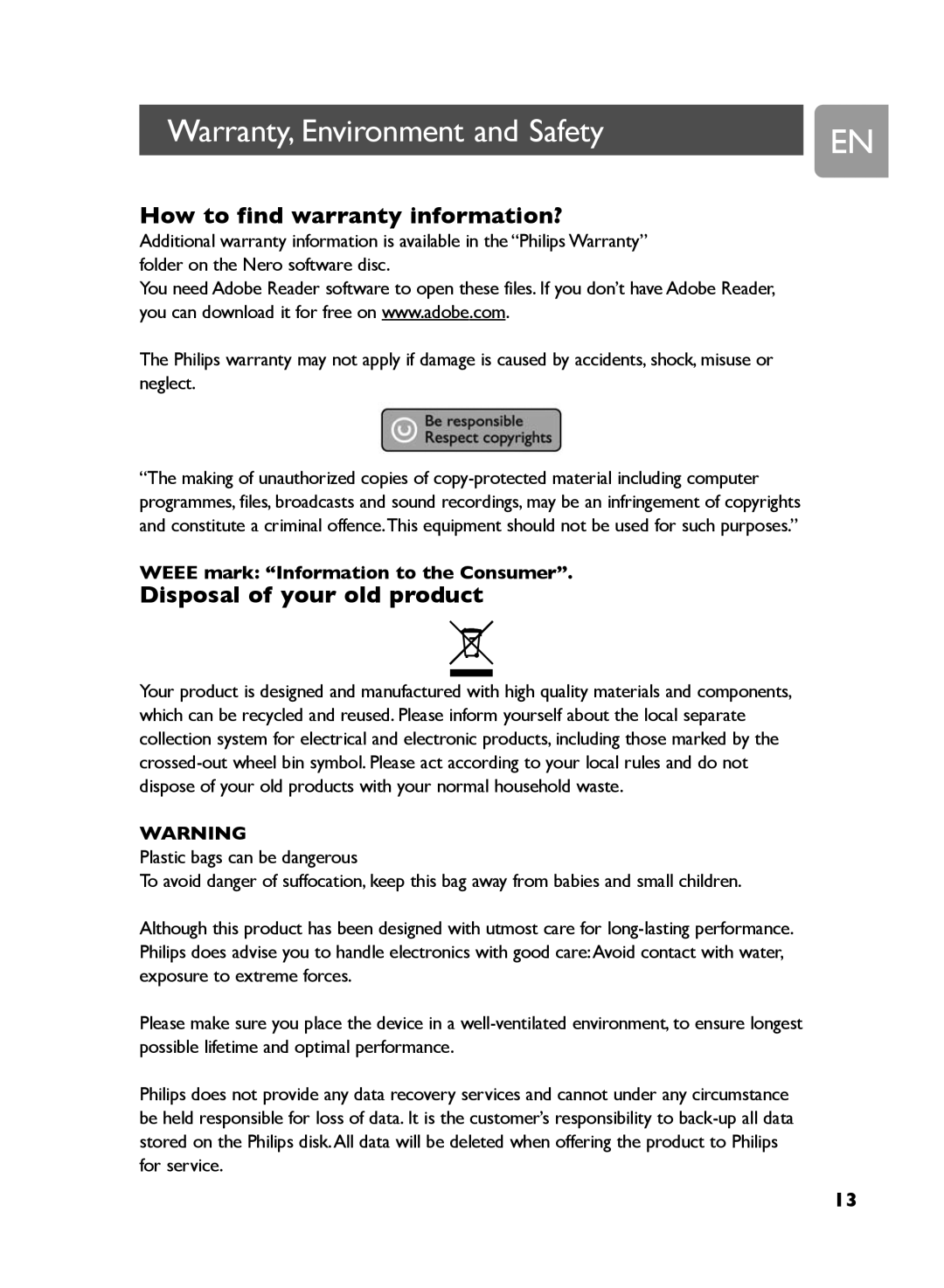 Philips SPD5121, SPD5130 Warranty, Environment and Safety, How to find warranty information?, Disposal of your old product 