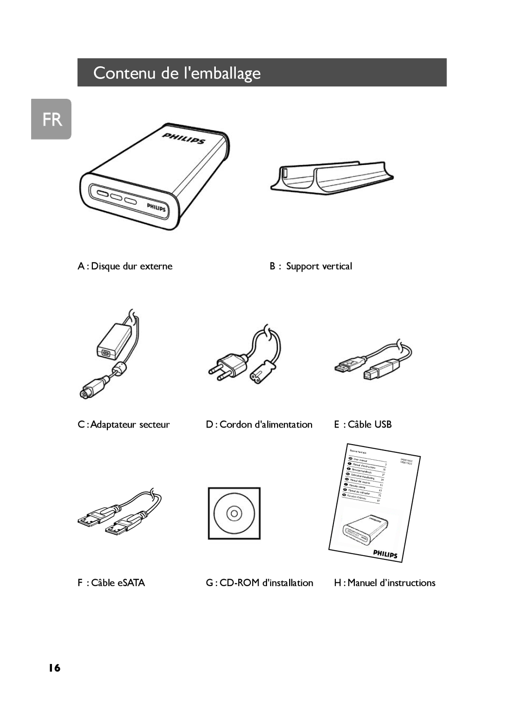 Philips SPD5121, SPD5130 Contenu de lemballage, Disque dur externe, Adaptateur secteur Cordon dalimentation, Câble eSATA 