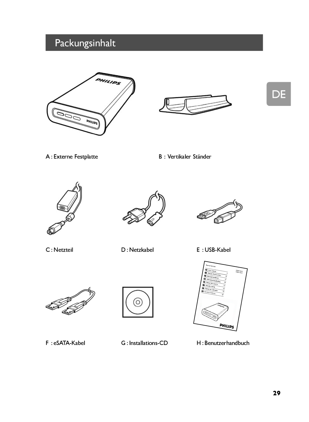 Philips SPD5125, SPD5130, SPD5121 Packungsinhalt, Externe Festplatte, Netzteil Netzkabel, ESATA-Kabel Installations-CD 