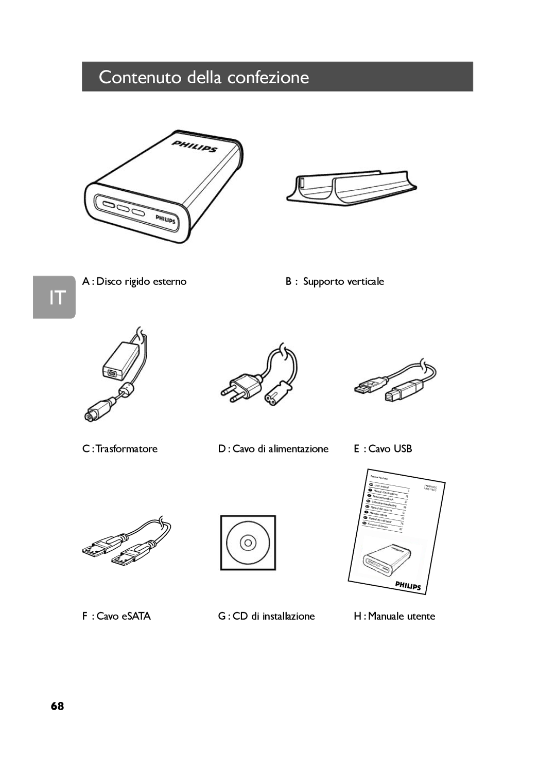 Philips SPD5125, SPD5130, SPD5121 Contenuto della confezione, Disco rigido esterno, Trasformatore Cavo di alimentazione 