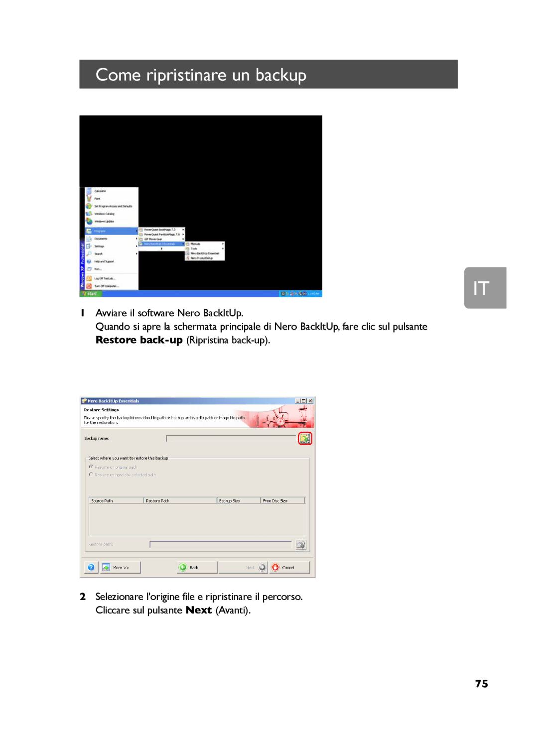 Philips SPD5130, SPD5121, SPD5125 user manual Come ripristinare un backup 