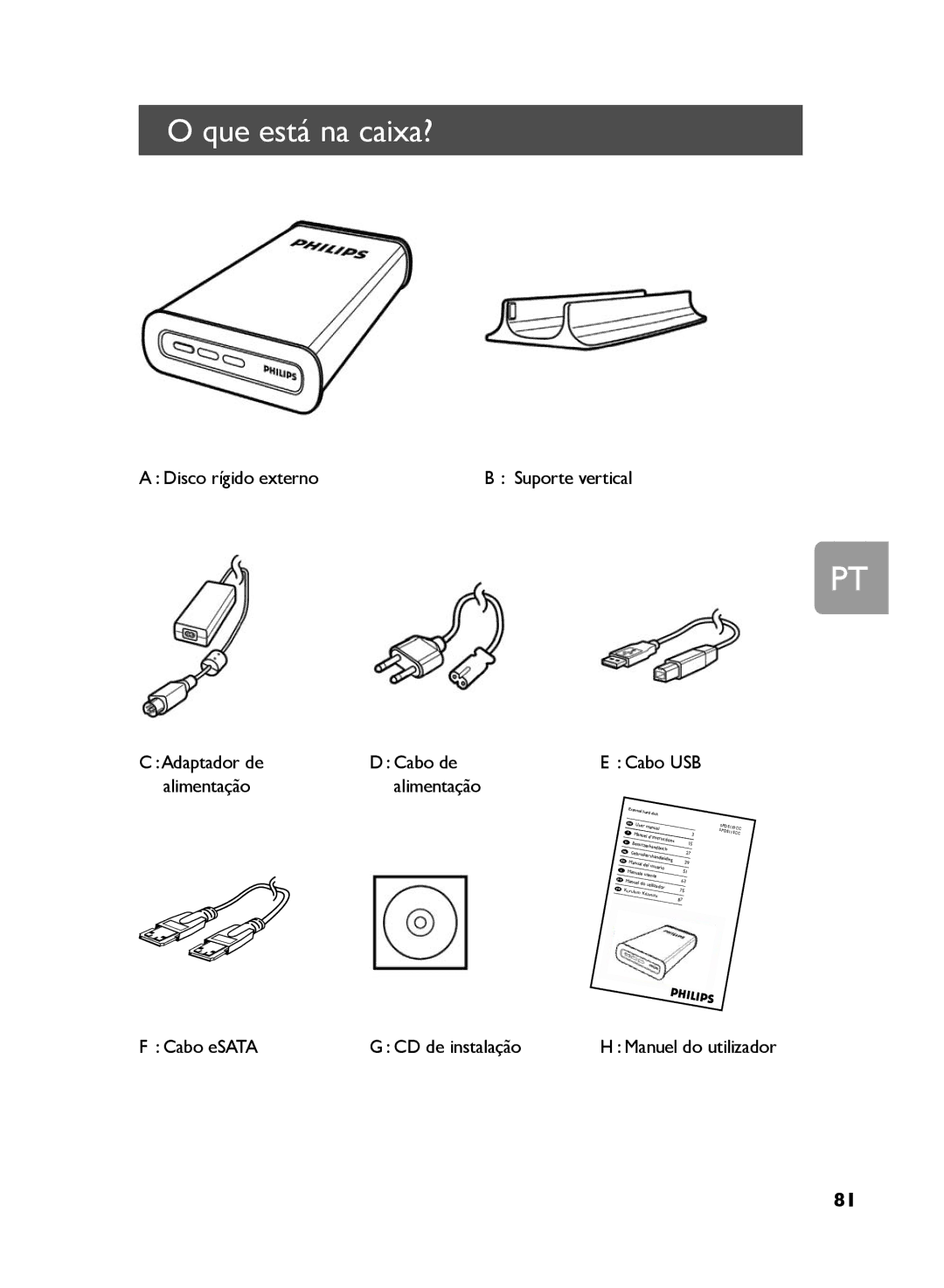 Philips SPD5130 Que está na caixa?, Disco rígido externo, Adaptador de Cabo de, Alimentação, Cabo eSATA CD de instalação 