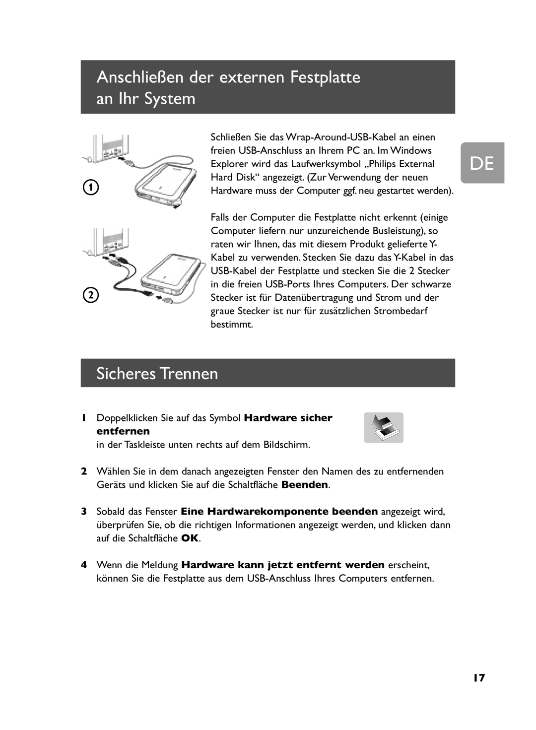 Philips SPD5240, SPD5250, SPD5230, SPD5220 user manual Anschließen der externen Festplatte an Ihr System, Sicheres Trennen 