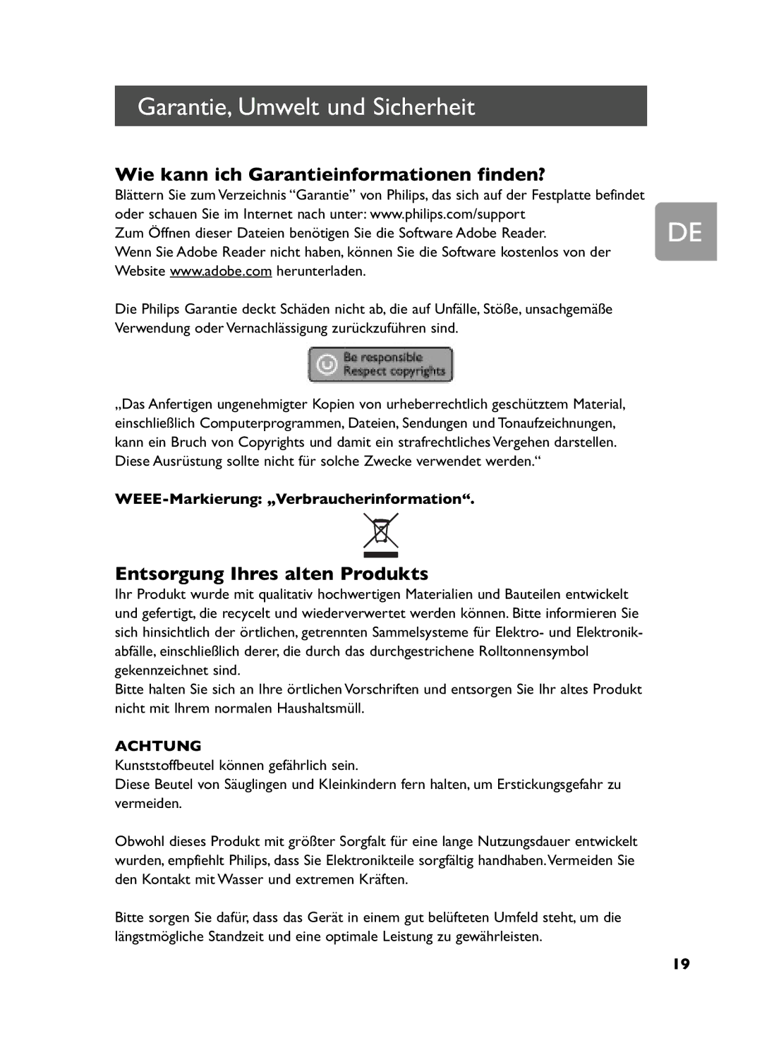 Philips SPD5220, SPD5250, SPD5240 Garantie, Umwelt und Sicherheit, Wie kann ich Garantieinformationen finden?, Achtung 