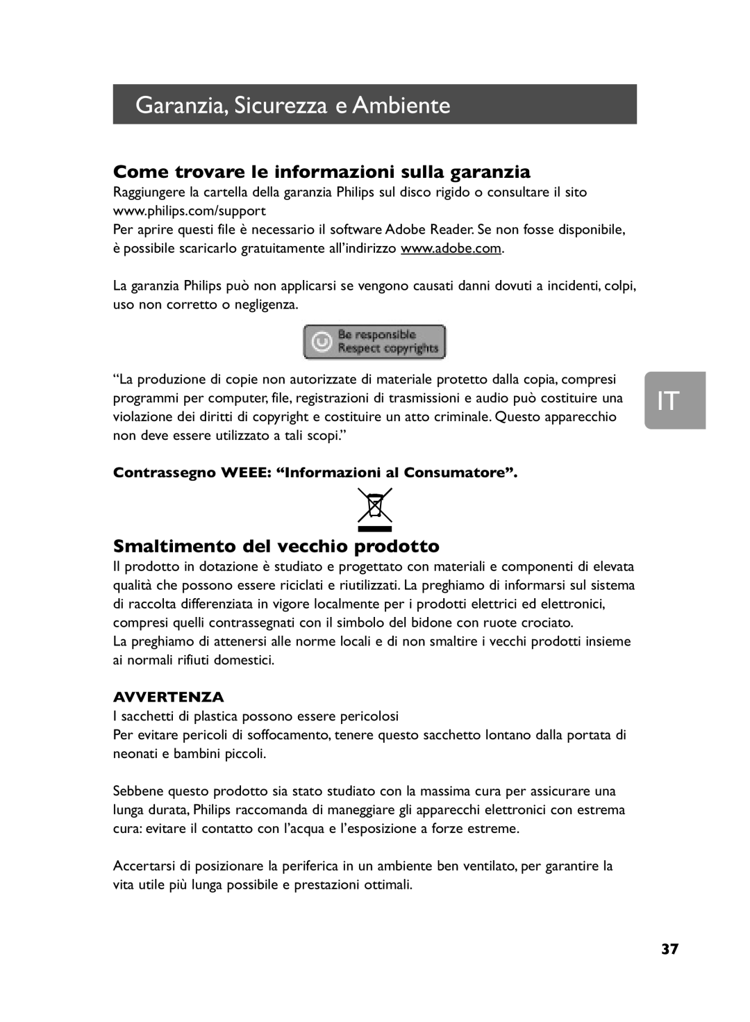 Philips SPD5240, SPD5250, SPD5230 Garanzia, Sicurezza e Ambiente, Come trovare le informazioni sulla garanzia, Avvertenza 