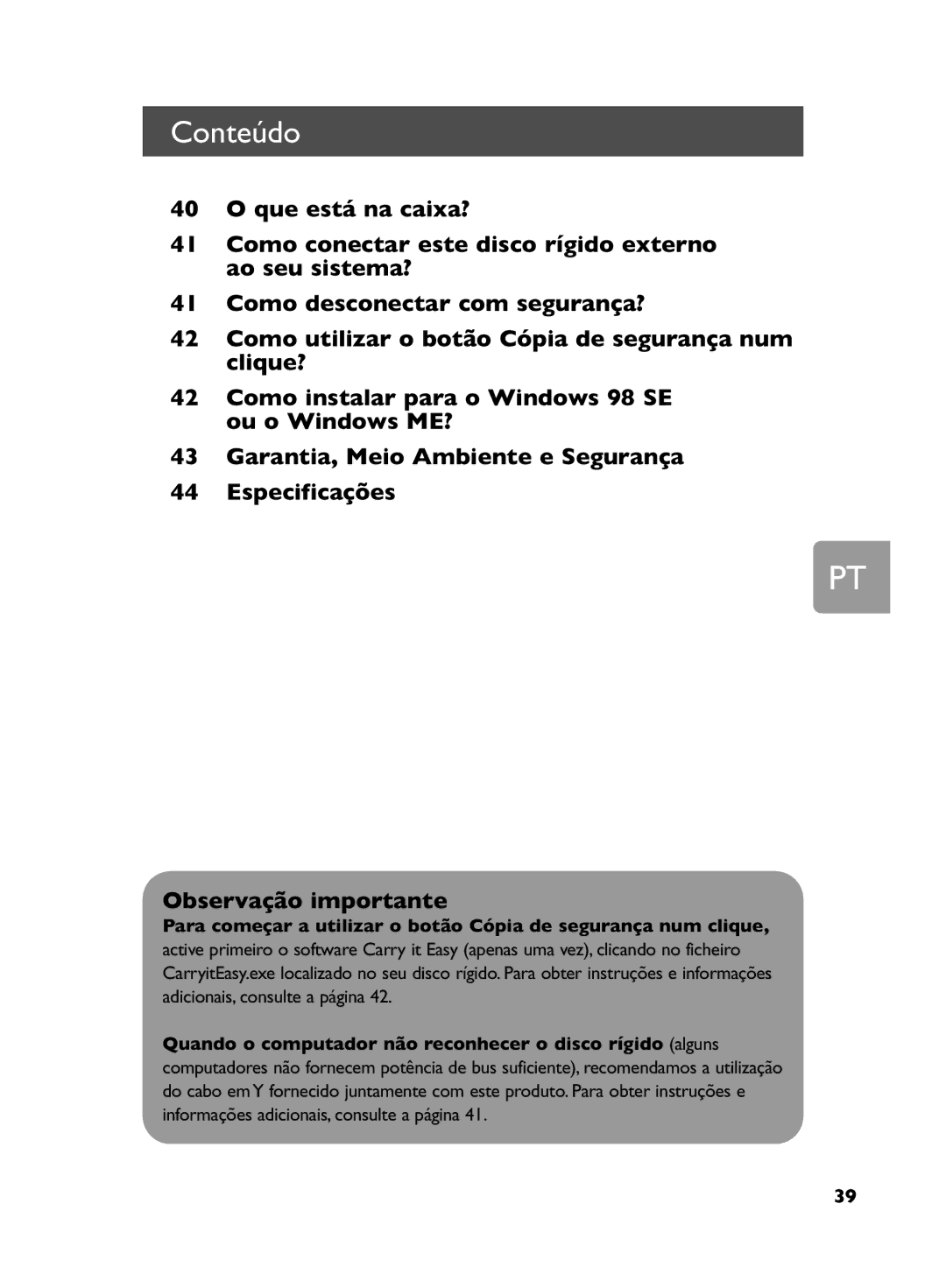 Philips SPD5220, SPD5250, SPD5240, SPD5230 user manual Conteúdo 