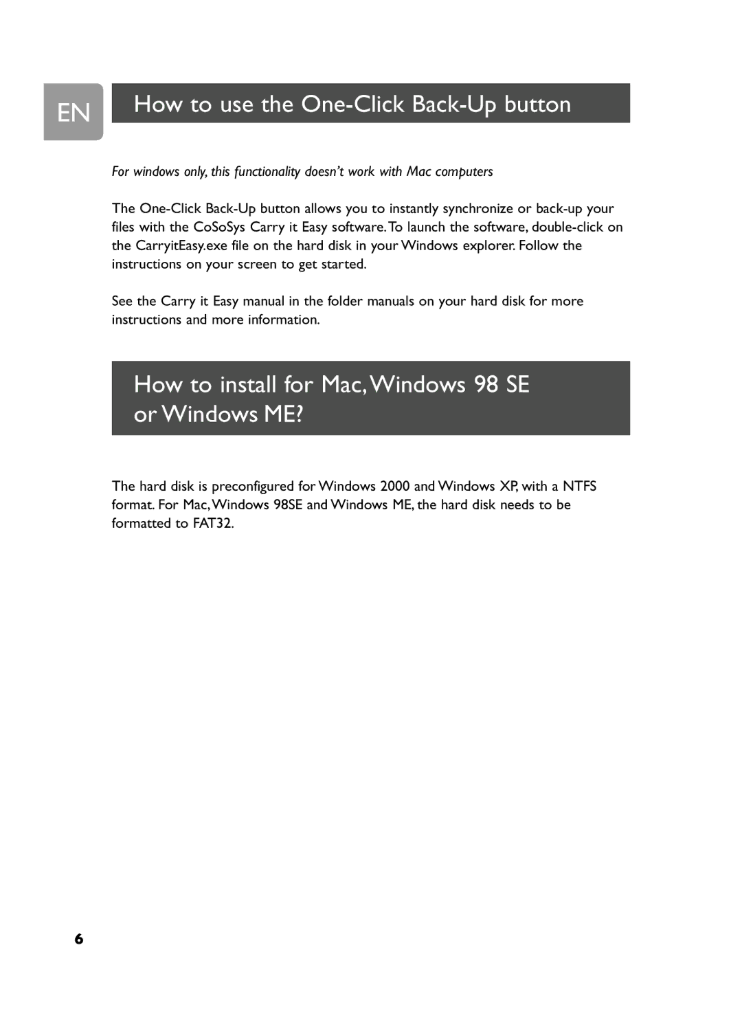 Philips SPD5230, SPD5250 EN How to use the One-Click Back-Up button, How to install for Mac,Windows 98 SE or Windows ME? 