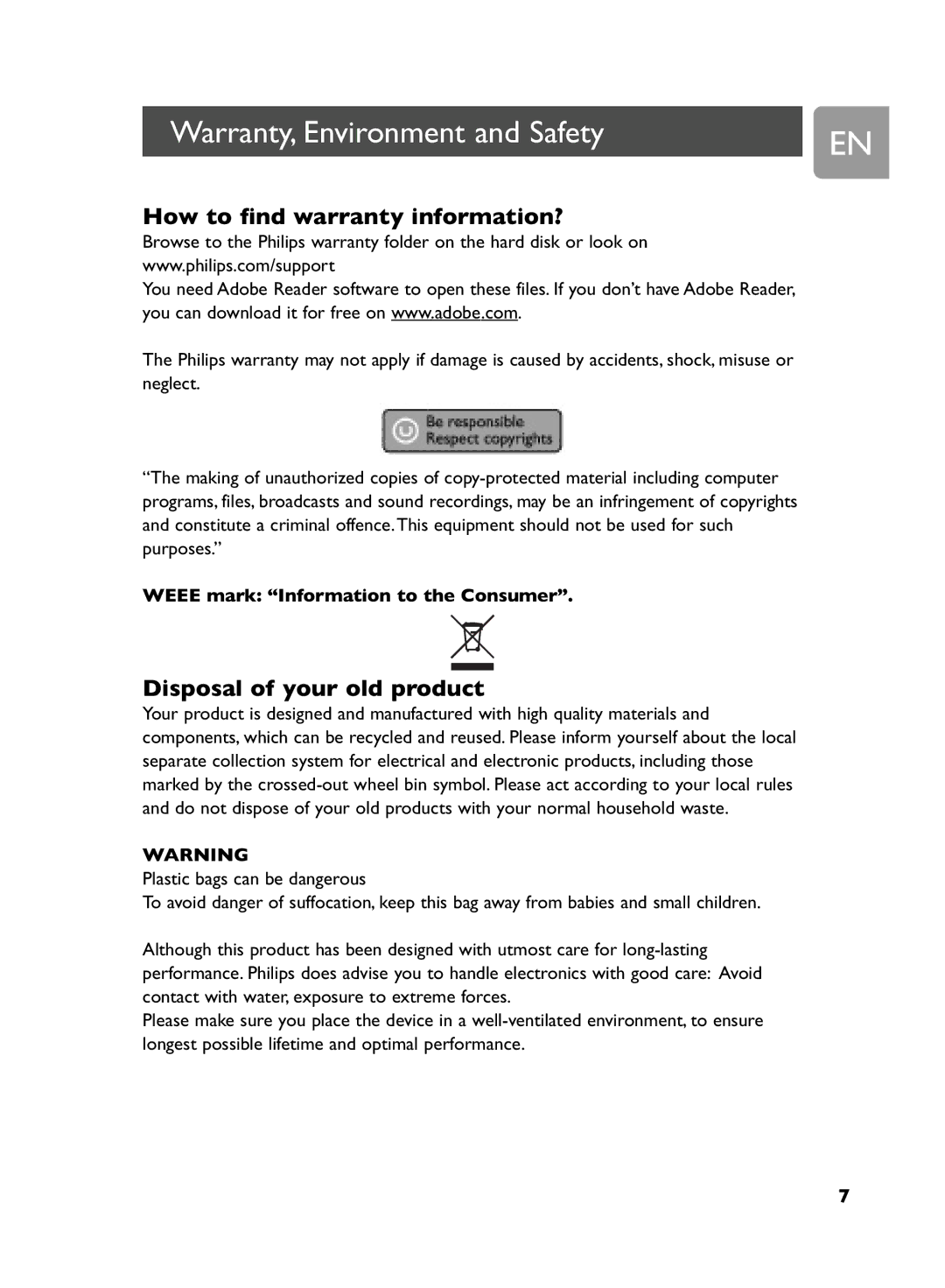 Philips SPD5220, SPD5250 Warranty, Environment and Safety, How to find warranty information?, Disposal of your old product 