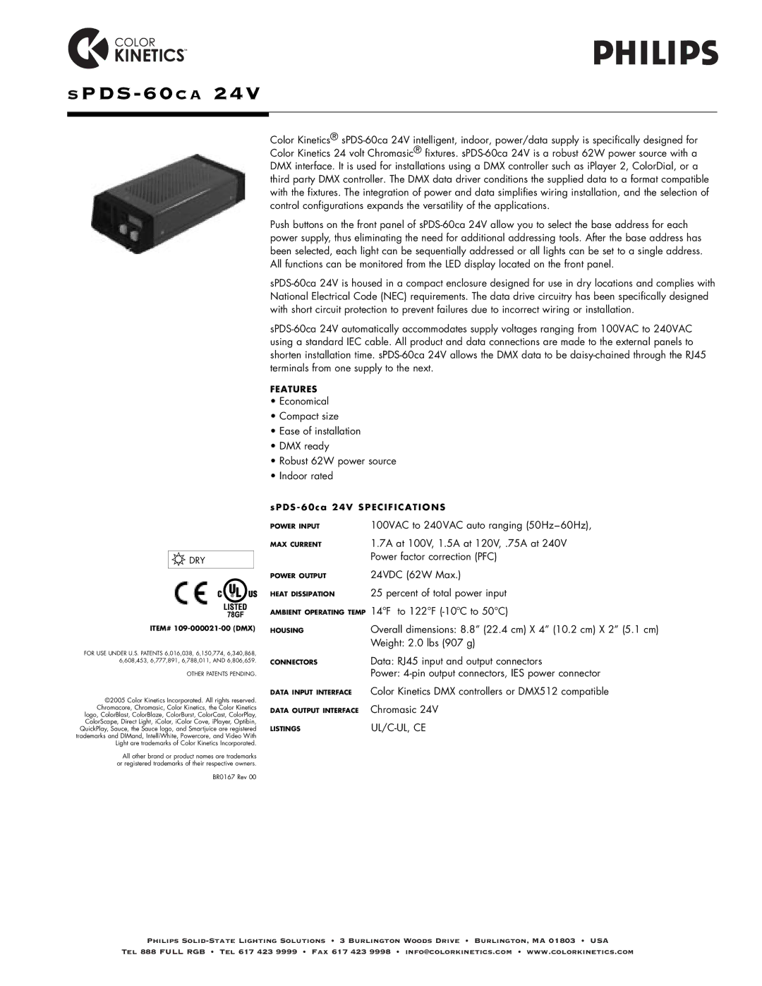 Philips SPDS-60CA 24V specifications PDS-60C a, Dry, SPDS-60ca 24V Specifications, ITEM# 109-000021-00 DMX 