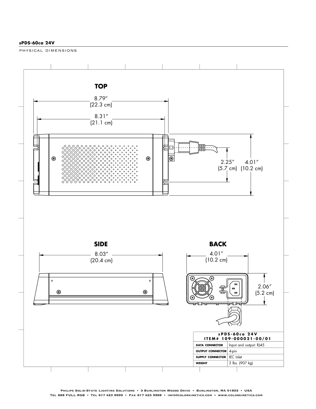 Philips SPDS-60CA 24V specifications Back, Physical dimensions, 22.3 cm 21.1 cm 10.2 cm, 20.4 cm 10.2 cm 