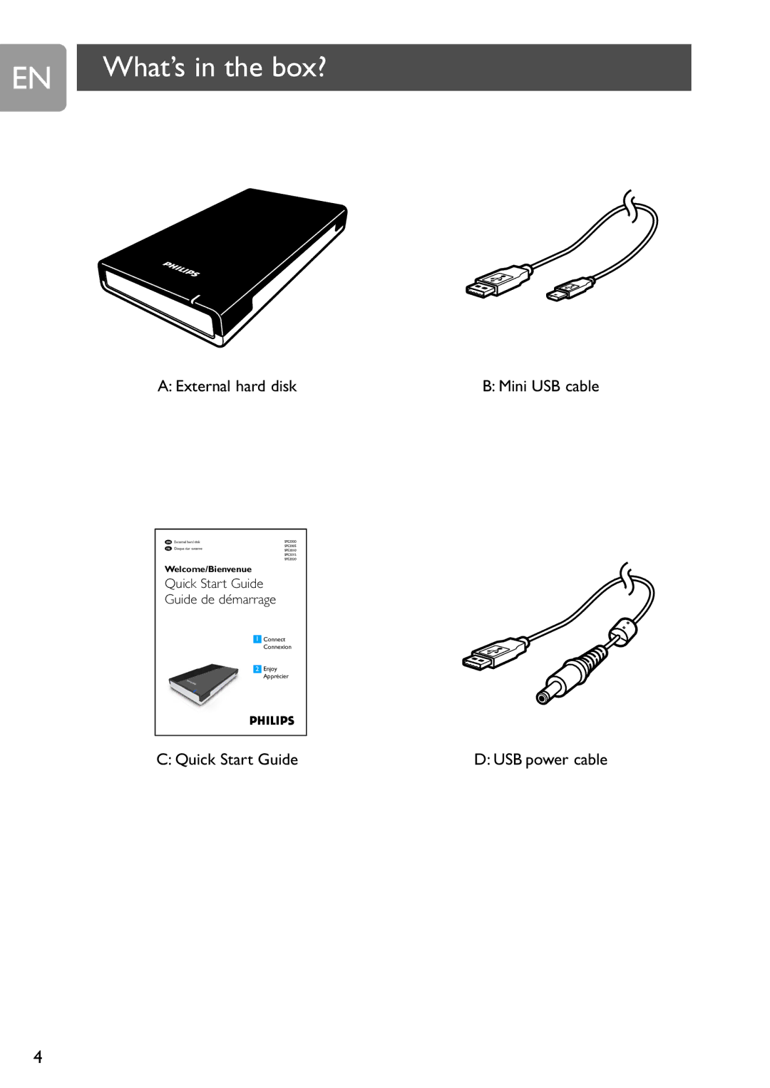 Philips SPE2000, SPE2015, SPE2020, SPE2005, SPE2010 user manual What’s in the box?, External hard disk 