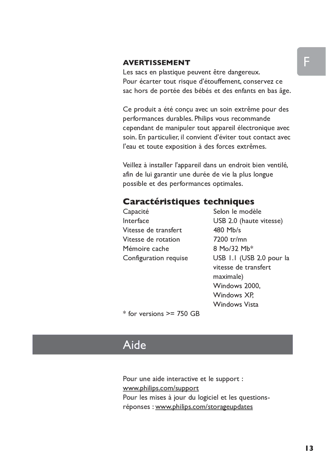 Philips SPE3000 Series user manual Aide, Caractéristiques techniques, Avertissement 