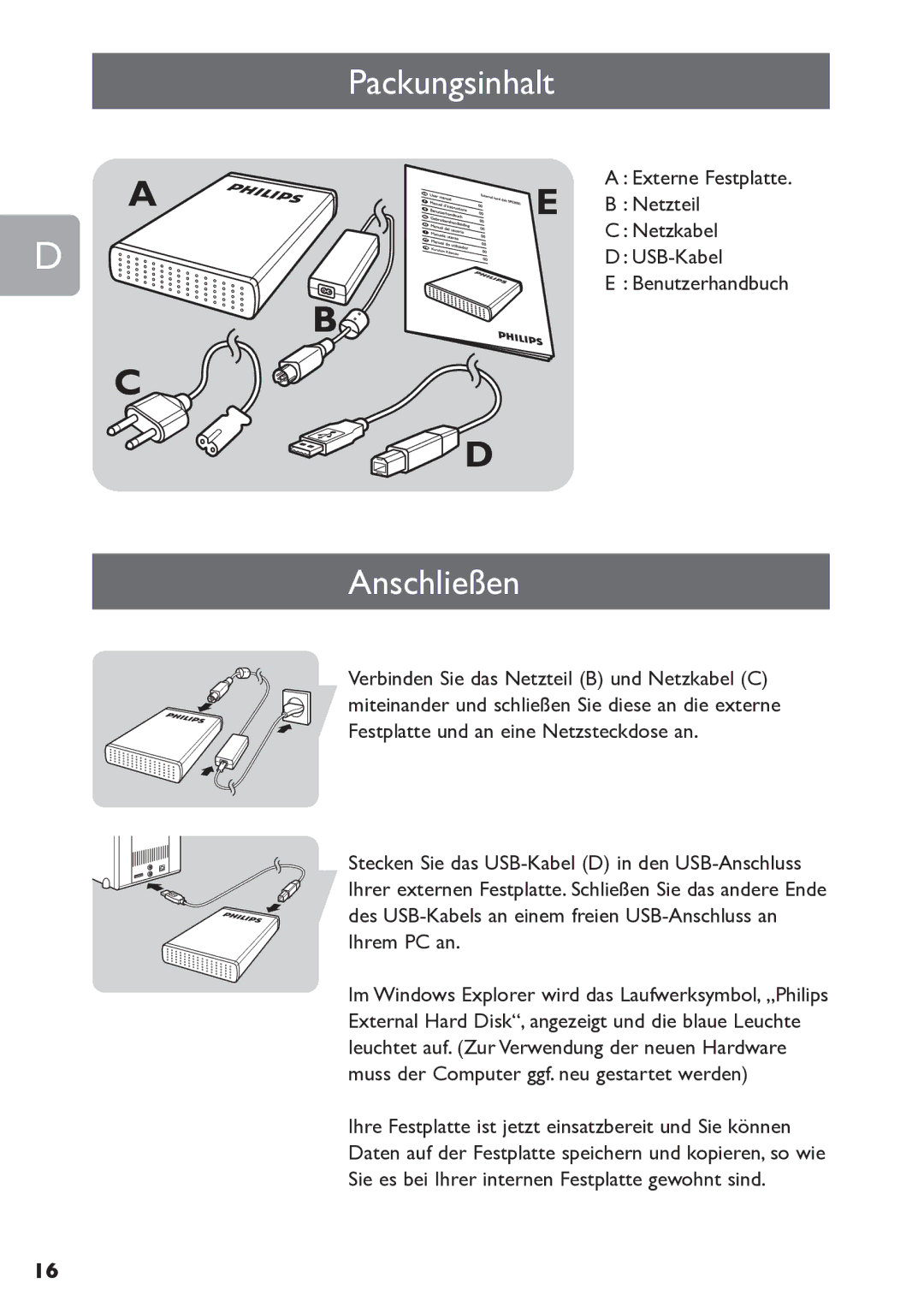 Philips SPE3000 Series user manual Packungsinhalt Anschließen 