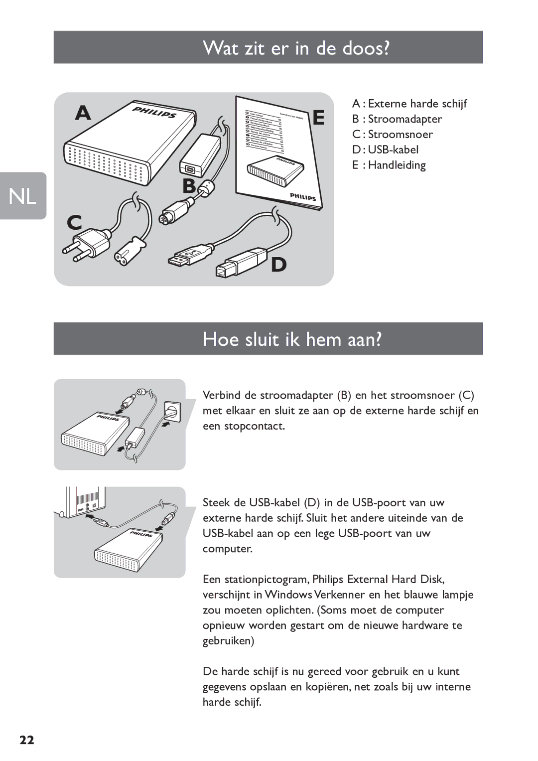 Philips SPE3000 Series user manual Wat zit er in de doos?, Hoe sluit ik hem aan? 