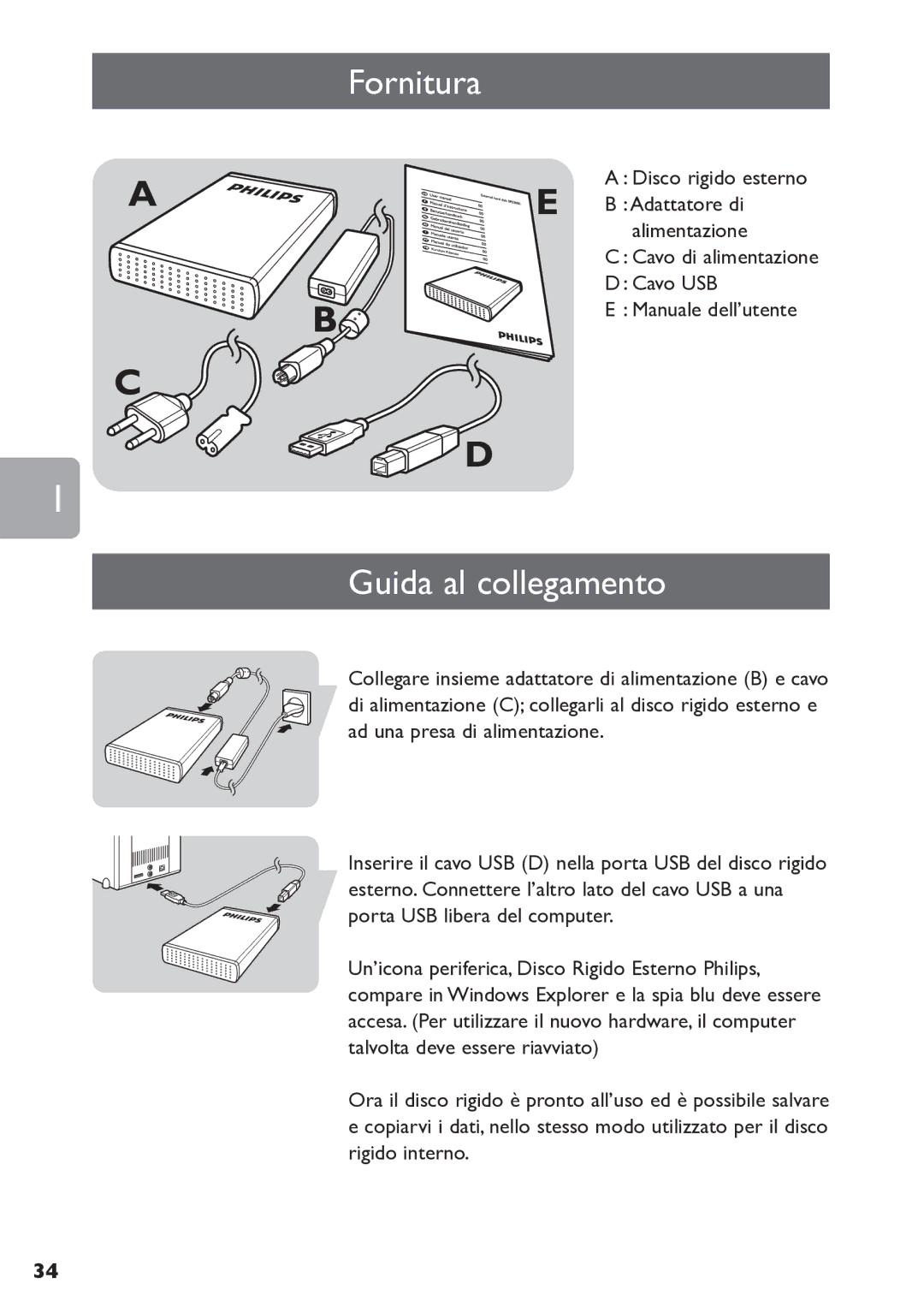 Philips SPE3000 Series user manual Fornitura, Guida al collegamento 